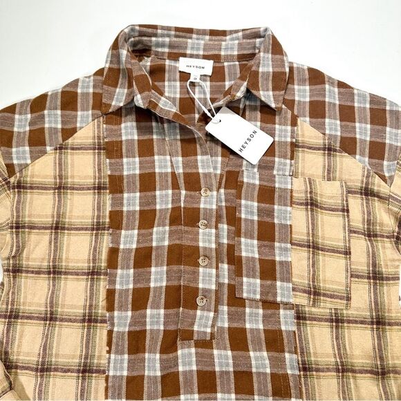 Heyson Size Small Patchwork Mixed Plaid Upper Button Front Top Brown NWT - Picture 5 of 11